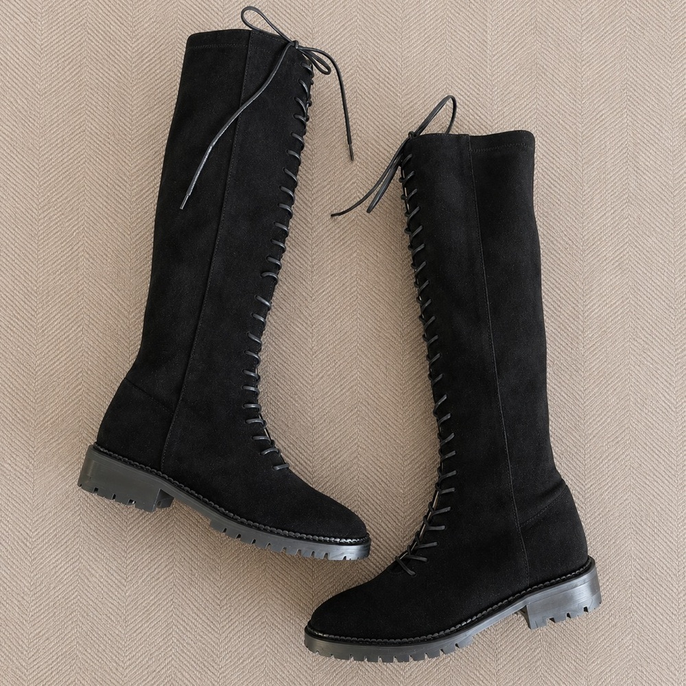 TUCKERNUCK Black Suede Lace-Up Knee-High Boots - Picture 3 of 7